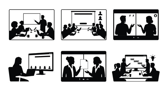 Business meeting silhouettes depict collaborative work and virtual presentations