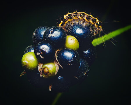 Striped caterpillar with bristle hairs crawling on a cluster of blue and green berries