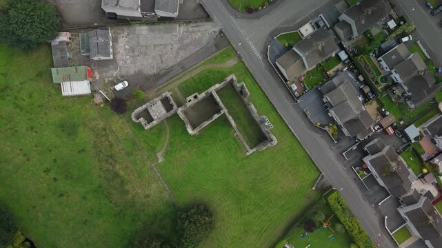 Overhead aerial of the ruined walls and floor plan of Castle Caulfield seen from directly above, County Tyrone, Northern Ireland