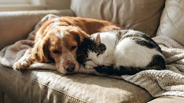 Sleeping brown and white dog on a cozy beige couch