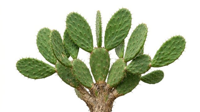 Green Prickly Pear Cactus Plant with Multiple Pads Isolated on White Background - Opuntia Ficus-Indica Nopal