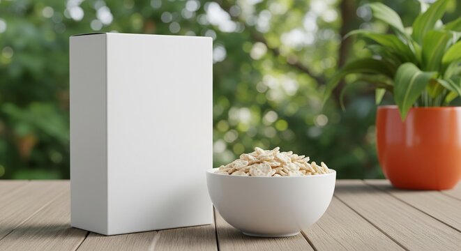 Blank white product packaging box mockup next to a ceramic bowl filled with oat cereal sitting on a wooden table outdoors