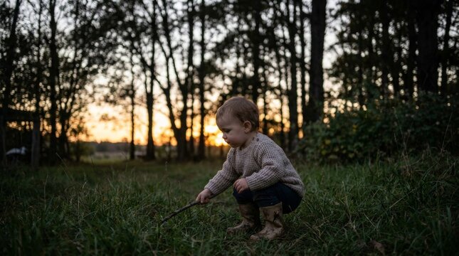 A toddler playing in the grass at sunset. A small child in a knit sweater and boots crouches in a meadow holding a stick. Golden light filters through the trees in a peaceful forest clearing.