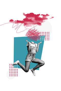 Composite trend artwork sketch image photo collage of caricature young lady headless mind think imagination cloud mess line cloud problem