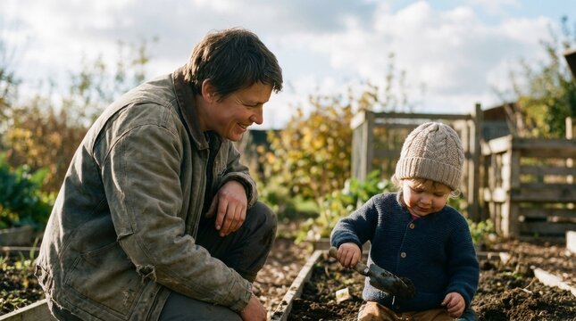 Father and toddler gardening together. A smiling dad  his young child wearing a knit hat as they work in a raised vegetable garden bed. Warm family bonding moment in golden afternoon sunlight.