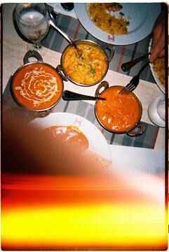Indian curries and rice serving for a dinner