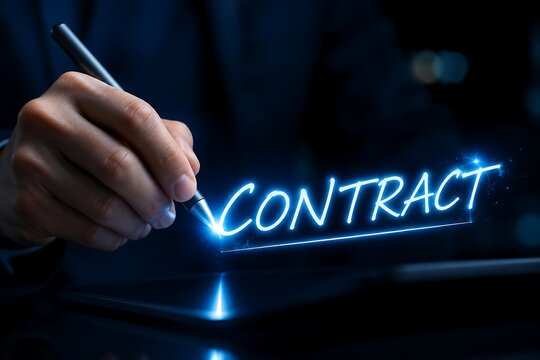 Hand signing electronic contract with glowing neon blue text overlay representing agreement and business deal
