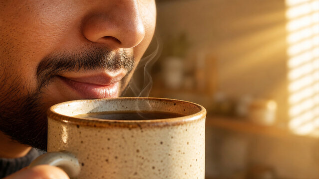 Man Smiling Softly Resting Lips on Coffee Mug - Simple Pleasures Morning Macro - Wellness App Landing Page - Warm Golden Sunbeam