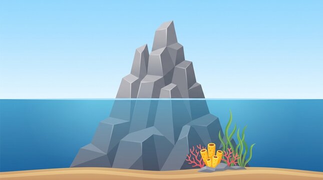 Isolated underwater mountain with coral and plants