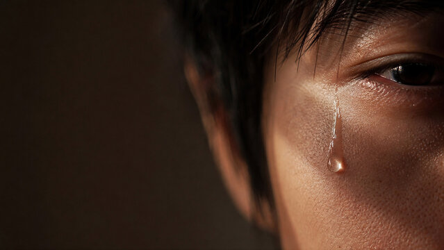 Tear Droplet Traveling Down Man Cheekbone - Mental Health Therapy Macro - Grief Counseling Banner - Moody Window Side Light

