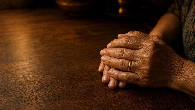 Older Woman Folded Hands on Wooden Table in Quiet Prayer - Mindfulness Reflection Macro - Wellness Retreat Header - Warm Ambient Lamp Light