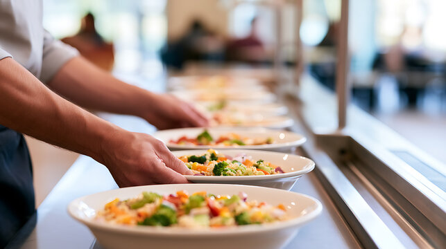 Chef hand place fresh healthy salad bowl on buffet line counter in school cafeteria or hospital canteen commercial kitchen service concept