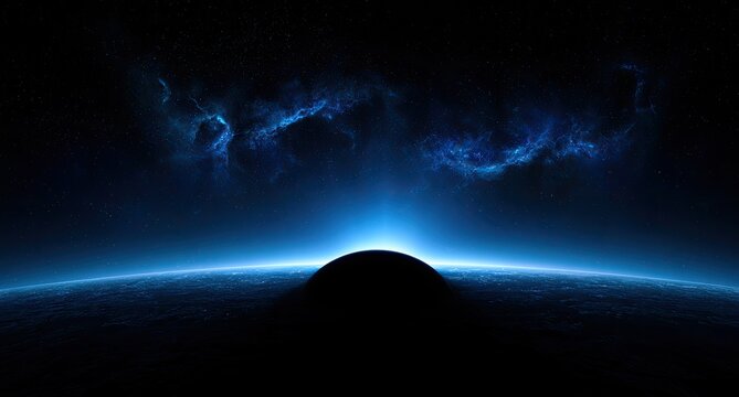 Celestial body rises, casting bright blue light across dark, star-filled expanse