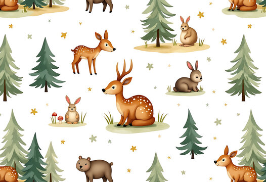 Forest animals and trees seamless pattern with cute deer and bunnies for kids wallpaper or fabric.