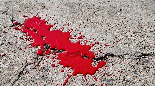 Bright red liquid spilled on cracked concrete pavement surface with red spill concrete ground red stain splatter pavement crime scene accident violence dramatic daylight composition