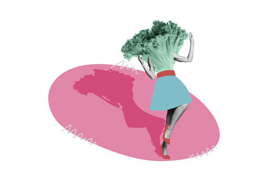 Composite creative art collage of anonym girl instead head lettuce salad leaves healthy nutrition diet isolated on painted background