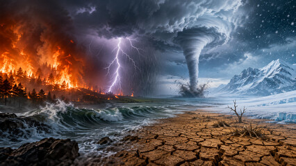 Fototapeta na wymiar Natural disasters concept with wildfire lightning storm tornado drought and extreme cold weather