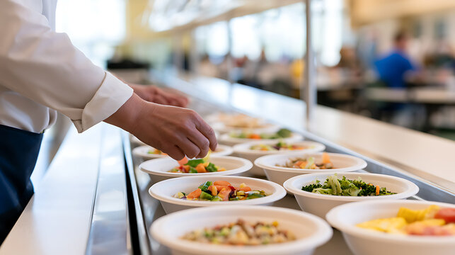 A chef prepare fresh healthy salad bowl at restaurant buffet line display counter, commercial food service setup with vibrant colorful meal