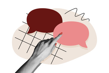 Naklejka premium Creative collage picture finger gesture arm textbox message phrase dialog conversation nonverbal pointing speech bubble