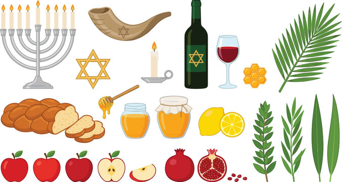 Jewish Holiday Icon Set with Menorah Shofar Challah Honey Apples and Pomegranate Symbols for Rosh Hashanah Yom Kippur and Sukkot Graphic Designs