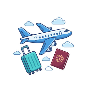 Vector illustration of an airplane with travel luggage and passport icon for vacation and flight holiday concept
