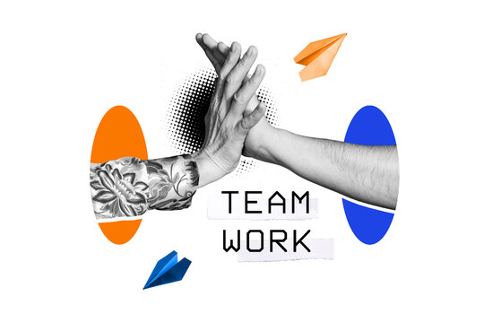 Composite photo collage of two business people give high five together success deal team work partnership isolated on painted background