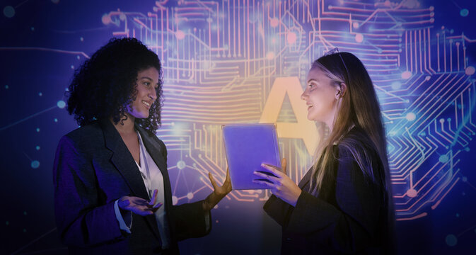 Ai and Business. Team discussing and using artificial intelligence technology or Ai assistant. Futuristic innovation AI technology collaboration and ideas for future. Business and Tech Startup meeting