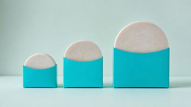 Three teal boxes with rounded tops in ascending size order against a light blue background.