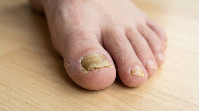 Onychomycosis toe disease: nail fungus, damaged plate, yellow keratin, unhealthy skin, medical condition, fungal growth, foot hygiene, dermatology issue, infected area.