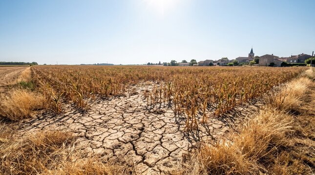 Severe drought affecting a corn field with parched cracked soil in a rural landscape.