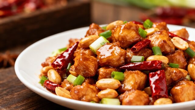 A vibrant stir-fry of Kung Pao chicken with tender diced chicken, roasted peanuts, and dried chili peppers, tossed in a sweet-tangy soy-based sauce with Sichuan peppercorns, garnished with scallion ri