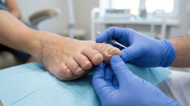 Onychomycosis foot infection: nail fungus, medical treatment, podiatry clinic, blue glove, doctor hand, diseased toe, health care, examine tool, patient skin, damage plate.