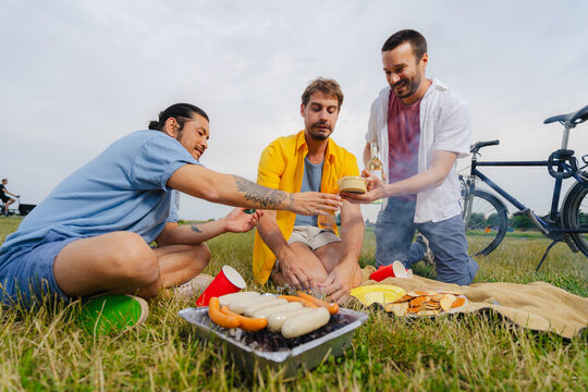 Friends Grilling Sausages at Park Picnic