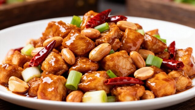 A vibrant stir-fry of Kung Pao chicken with tender diced chicken, roasted peanuts, and dried chili peppers, tossed in a sweet-tangy soy-based sauce with Sichuan peppercorns, garnished with scallion ri