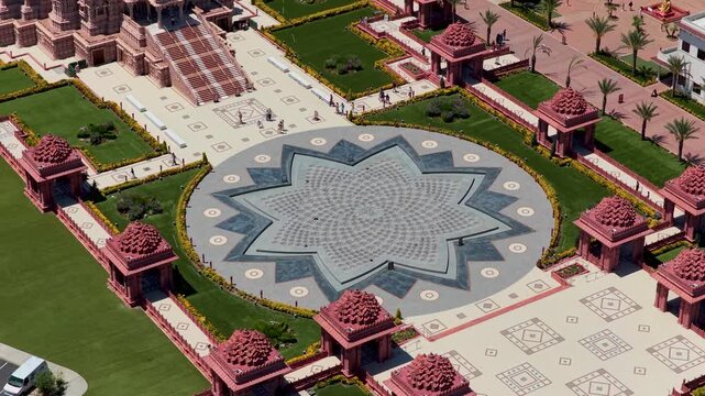 Aerial BAPS Temple San Bernardino Geometric Plaza and Garden Orbit