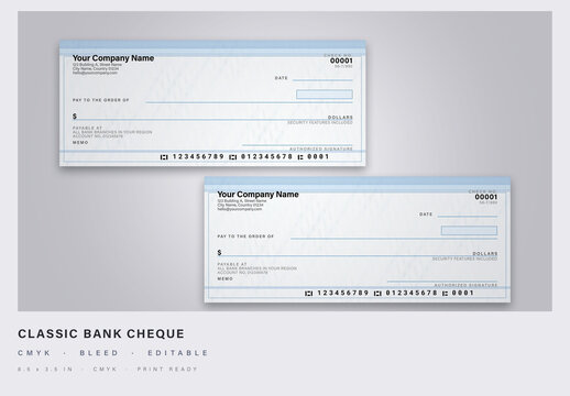 Traditional steel-blue bank cheque with woven security bands