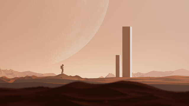 Futuristic Mars exploration with astronaut and technology towers