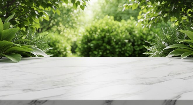 Empty marble table surface with blurred green garden background for product display montage and commercial branding mockup