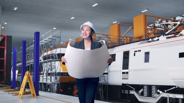 Front View of Asian Businesswoman Looking At Blueprint In Her Hands While Walking and Looking Around at Train Locomotives Maintenance Depot Scaffolding