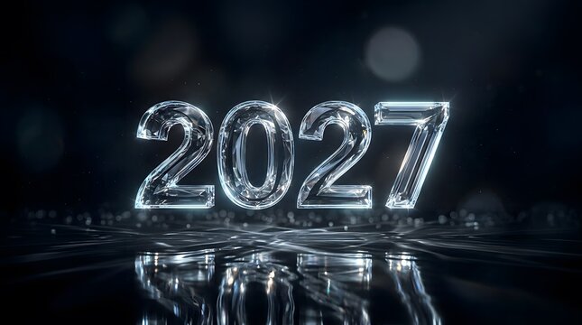 Glowing silver metallic 2027 year numbers with reflection on a dark background for new year celebration
