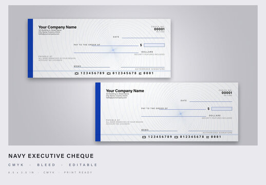 Executive business cheque, navy with golden-spiral guilloche