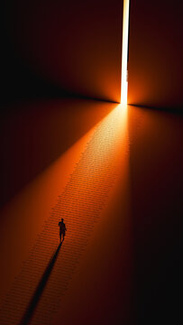 Human silhouette walks on binary data path at night