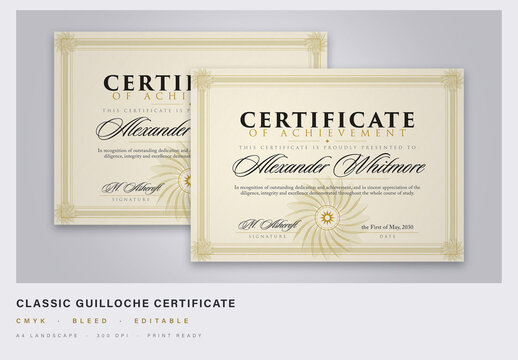 Classic Certificate Template - Traditional Guilloche Engraved Award, A4 Landscape