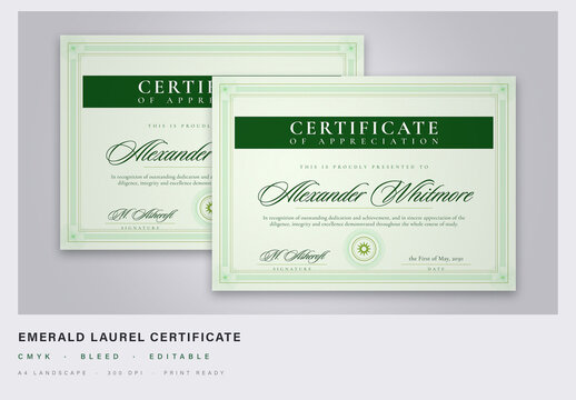 Emerald and Gold Certificate Template with Spiral Guilloche - A4 Landscape Diploma