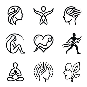 Minimalist human silhouettes display wellness concepts, mindfulness, and meditation poses.