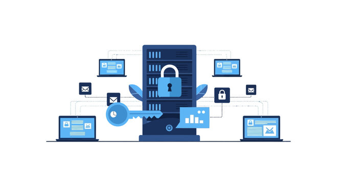 Data Security and Cyber Protection Vector Illustration with Secure Server and Encrypted Network