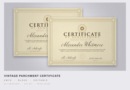 Aged Parchment Certificate Template with Spirograph Guilloche - A4 Vintage Diploma