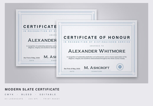 Modern Minimal Certificate Template in Slate and Steel - A4 Landscape Award Diploma
