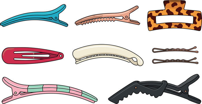 Fashion Hair Clips and Accessories Vector Illustration Set Featuring Claw Clip Bobby Pins Alligator Sectioning Clamps Snap Barrette and Banana Clip