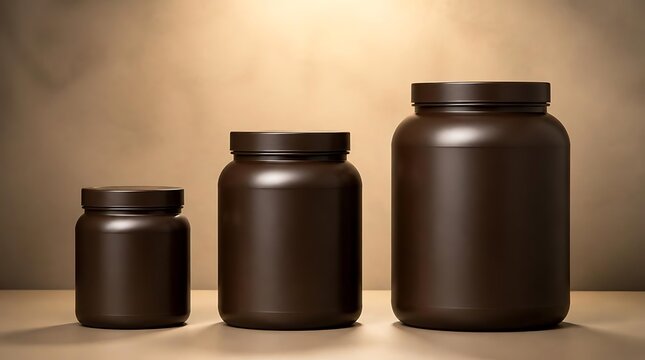 Three dark brown plastic supplement containers of varying sizes arranged on a wooden surface with a textured background.